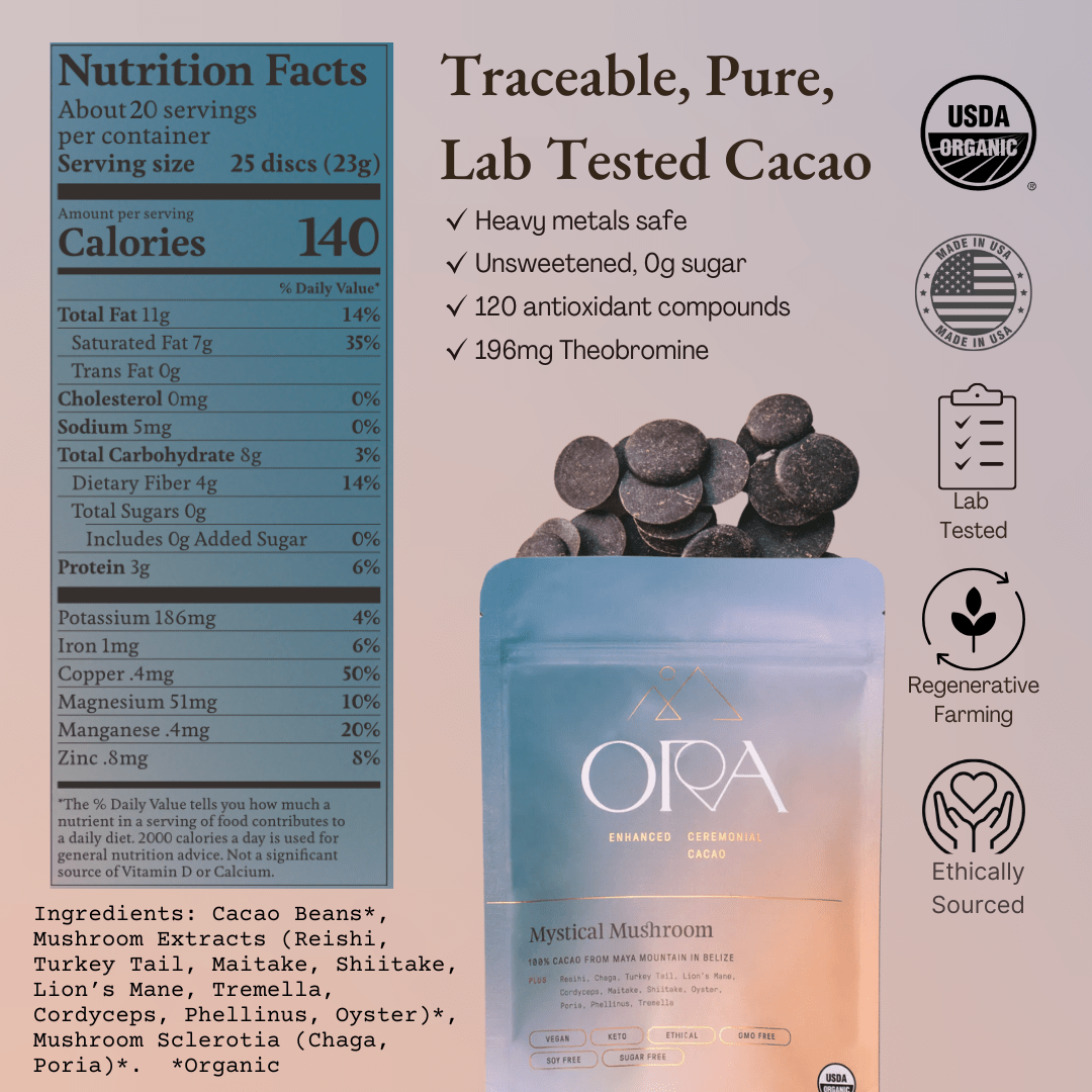 Nutrition facts panel for Ora Mystical Mushroom ceremonial cacao beside the pouch and a pile of cacao discs, with USDA Organic, lab tested and ethically sourced badges