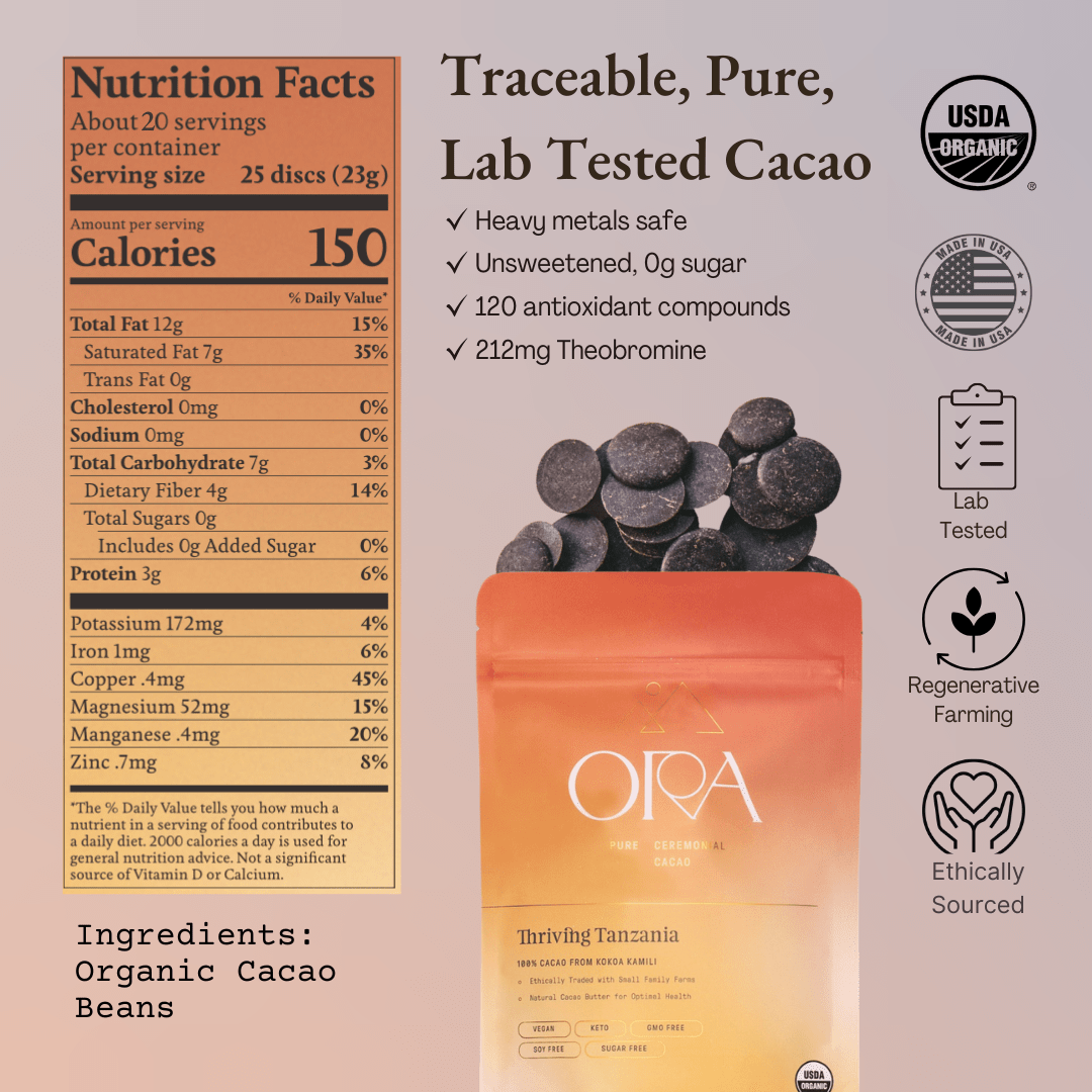 Nutrition facts panel for Ora Thriving Tanzania ceremonial cacao beside the pouch and a pile of cacao discs, with USDA Organic, lab tested and ethically sourced badges