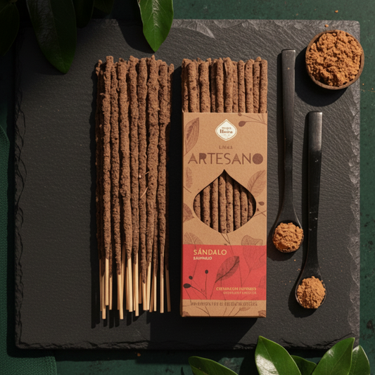 A fan of thick hand-rolled sandalwood sticks on bamboo cores lies beside the kraft-paper Artesano box on dark slate, with spoons of loose brown incense powder and fresh leaves around them.