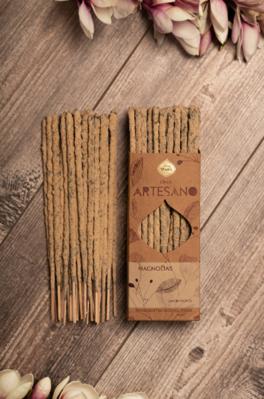 Magnolia incense in its kraft Artesano box on wood with pink blossoms above