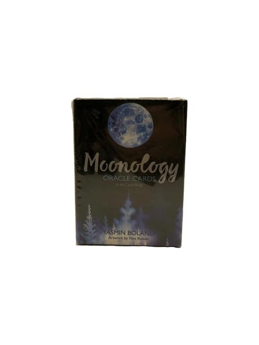 Moonology oracle card box showing a full moon on a dark background