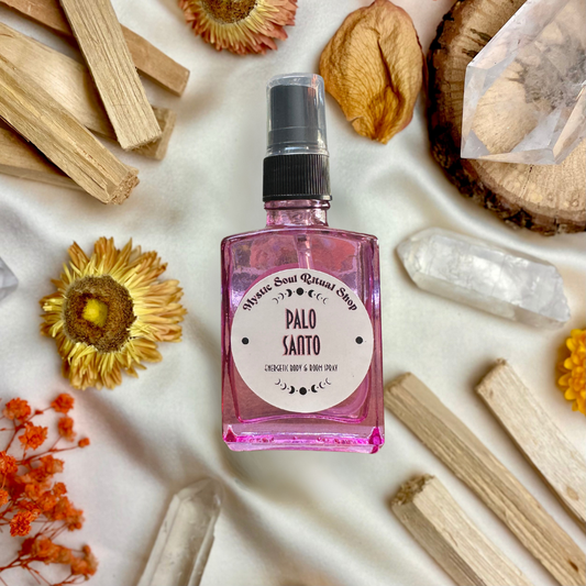 A spray bottle of Palo Santo Smudge Spray, a smoke-free cleansing mist.