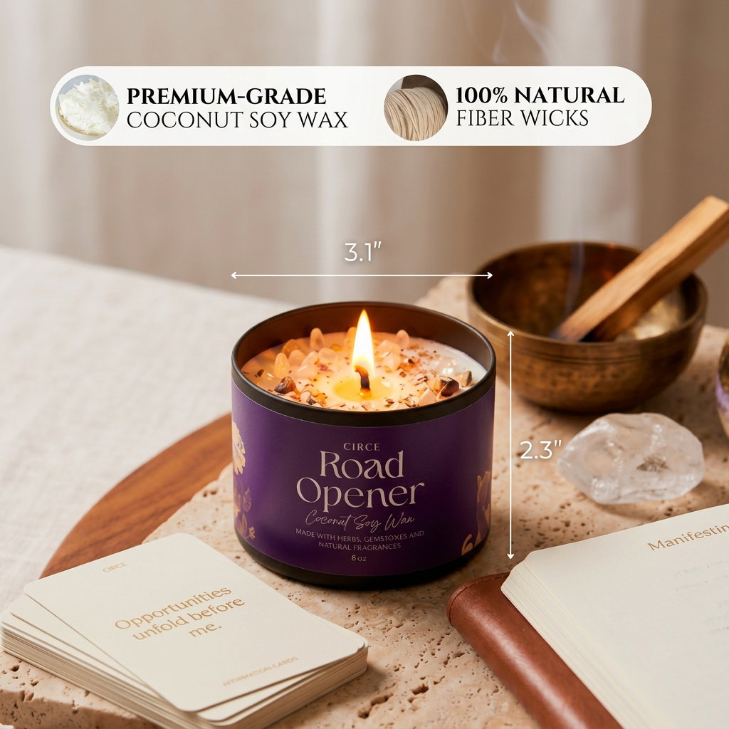 Road Opener spell candle in an 8 ounce jar with a cotton wick, detail of the finish