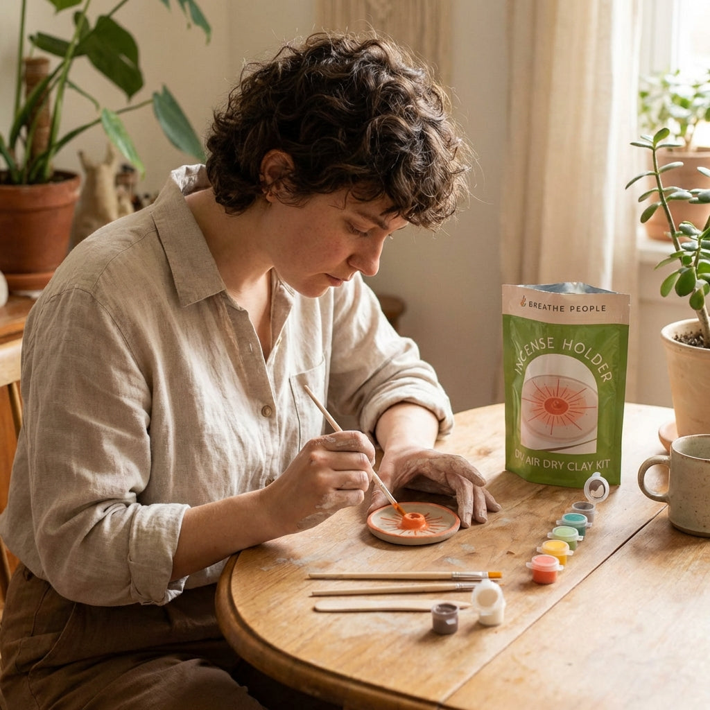 Person shaping a clay incense holder at a kitchen table beside the kit pouch and paints