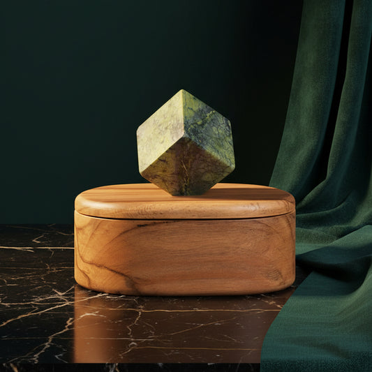 Oval carved wood jewel box topped with a faceted green serpentine cube, on dark marble