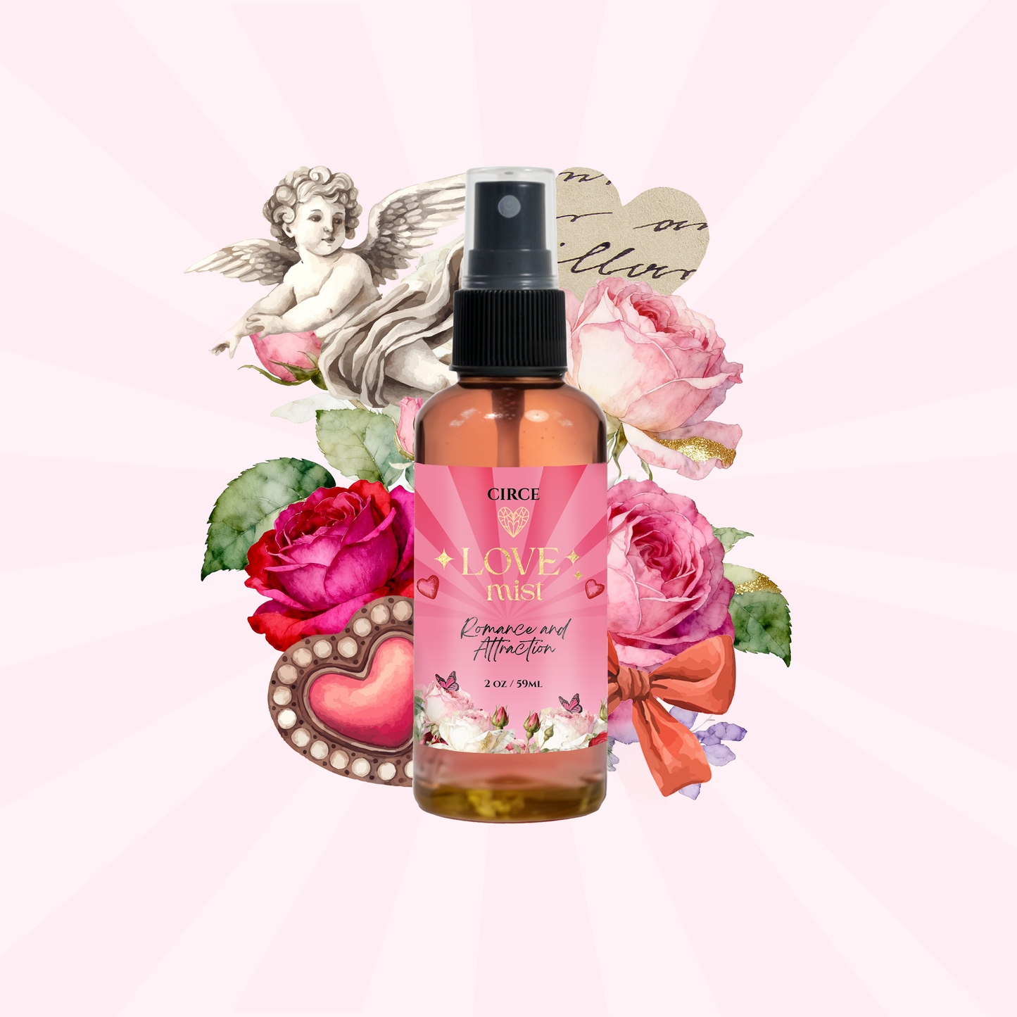Love Attraction mist in a 2 ounce spray bottle with real jasmine flowers visible, shown from another angle