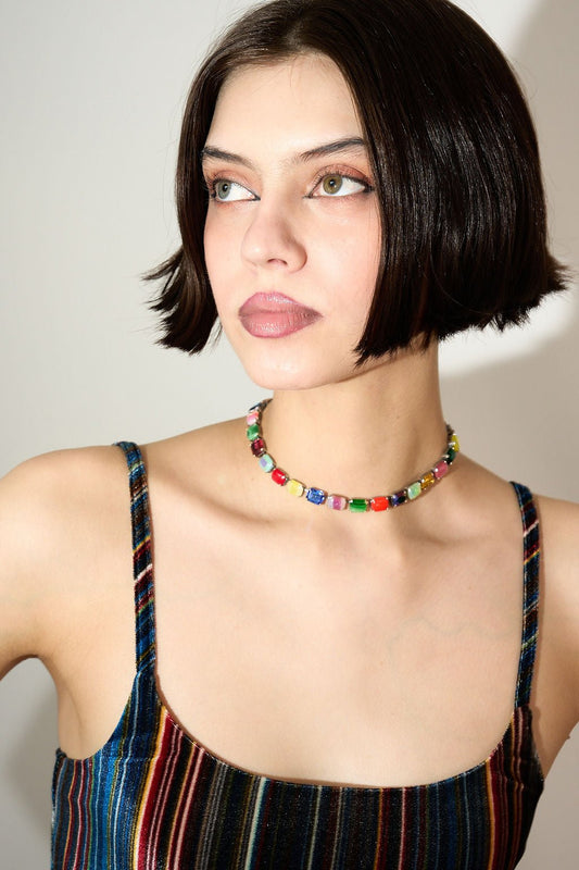 Aurora Baguette layering choker in oxidized silver, front view