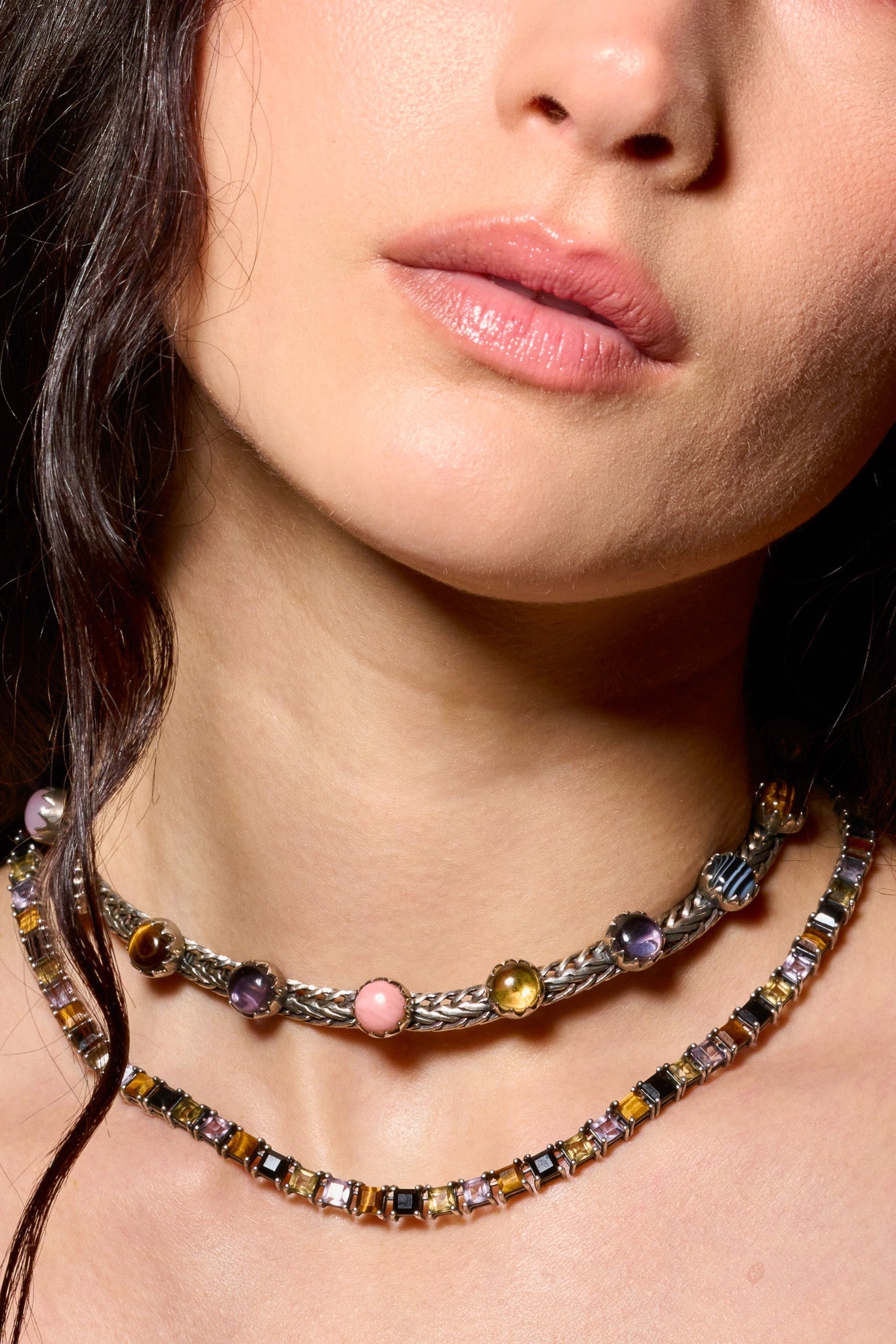 Chainmail Choker in Punk Rocks — woven sterling silver chainmail set with genuine opal, amethyst, tiger eye, agate, chalcedony and onyx — view 4