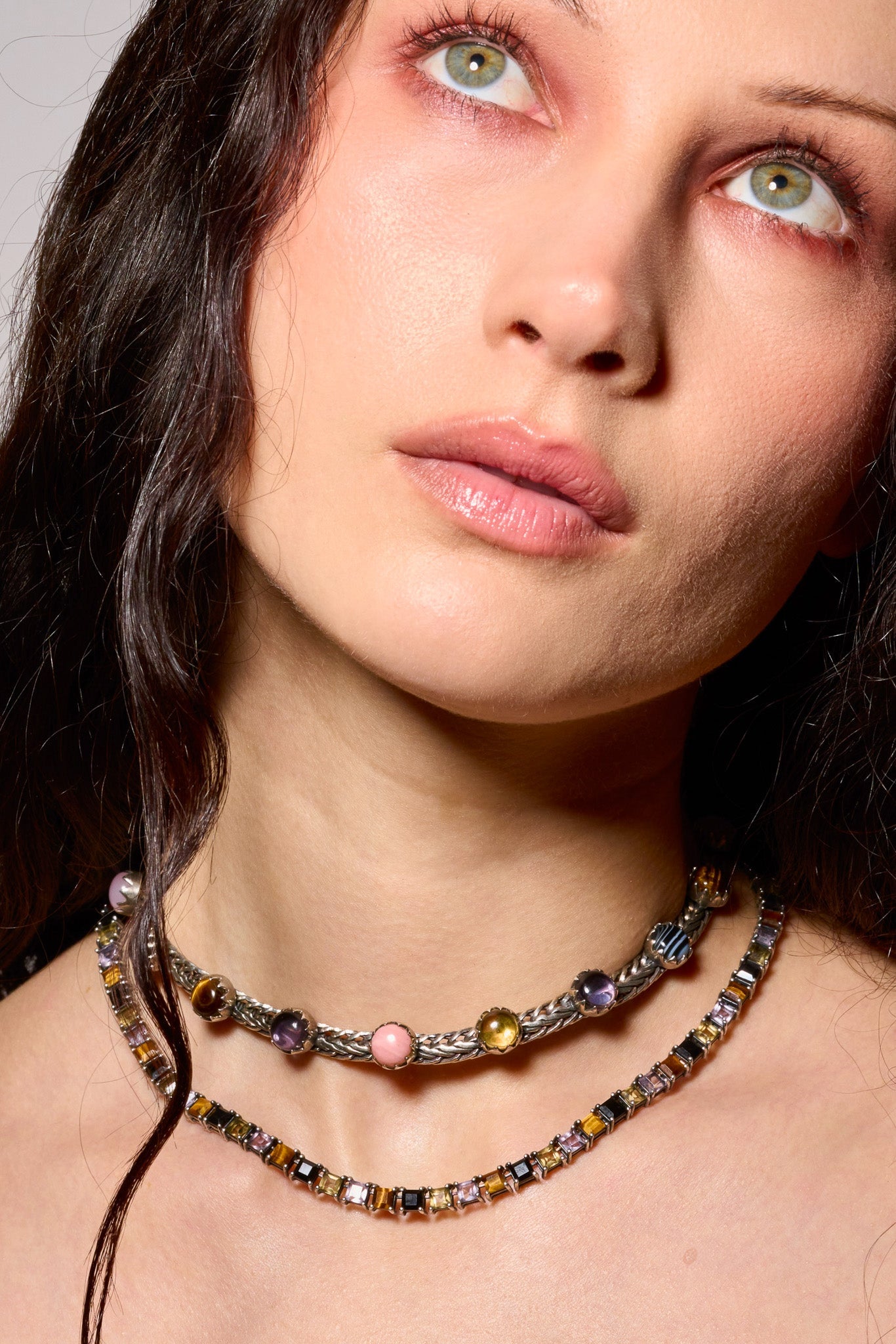 Punk Rocks Tennis Necklace in silver — step-cut tiger eye, black onyx, amethyst and yellow glass set in sterling silver — view 2