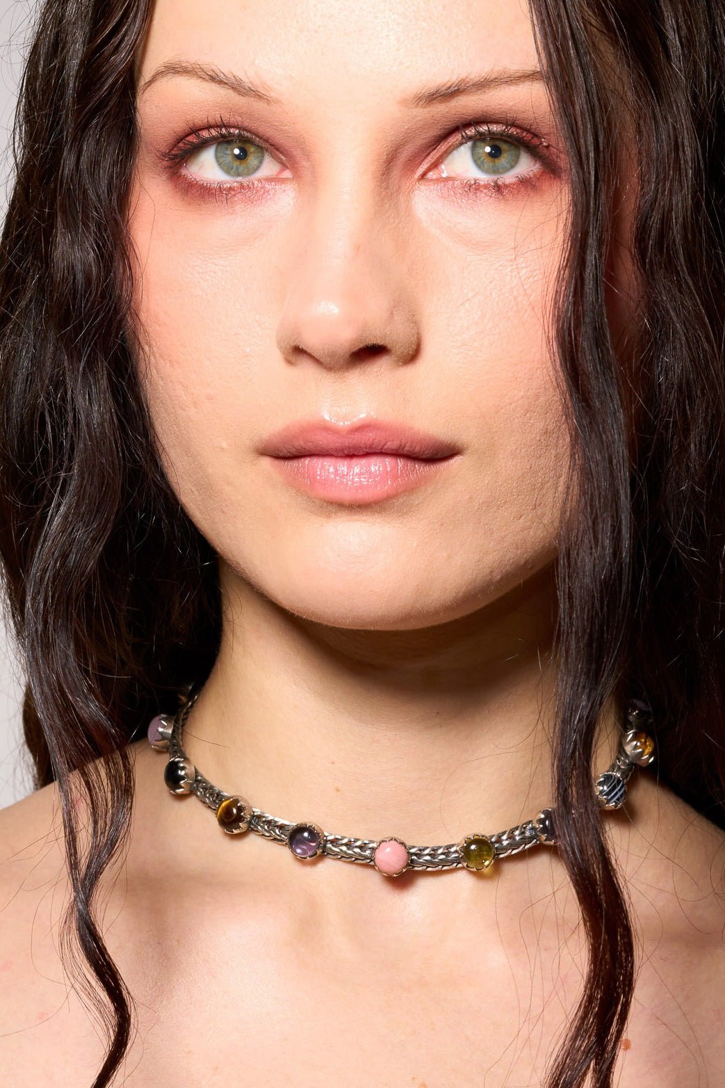 Chainmail Choker in Punk Rocks — woven sterling silver chainmail set with genuine opal, amethyst, tiger eye, agate, chalcedony and onyx — view 3