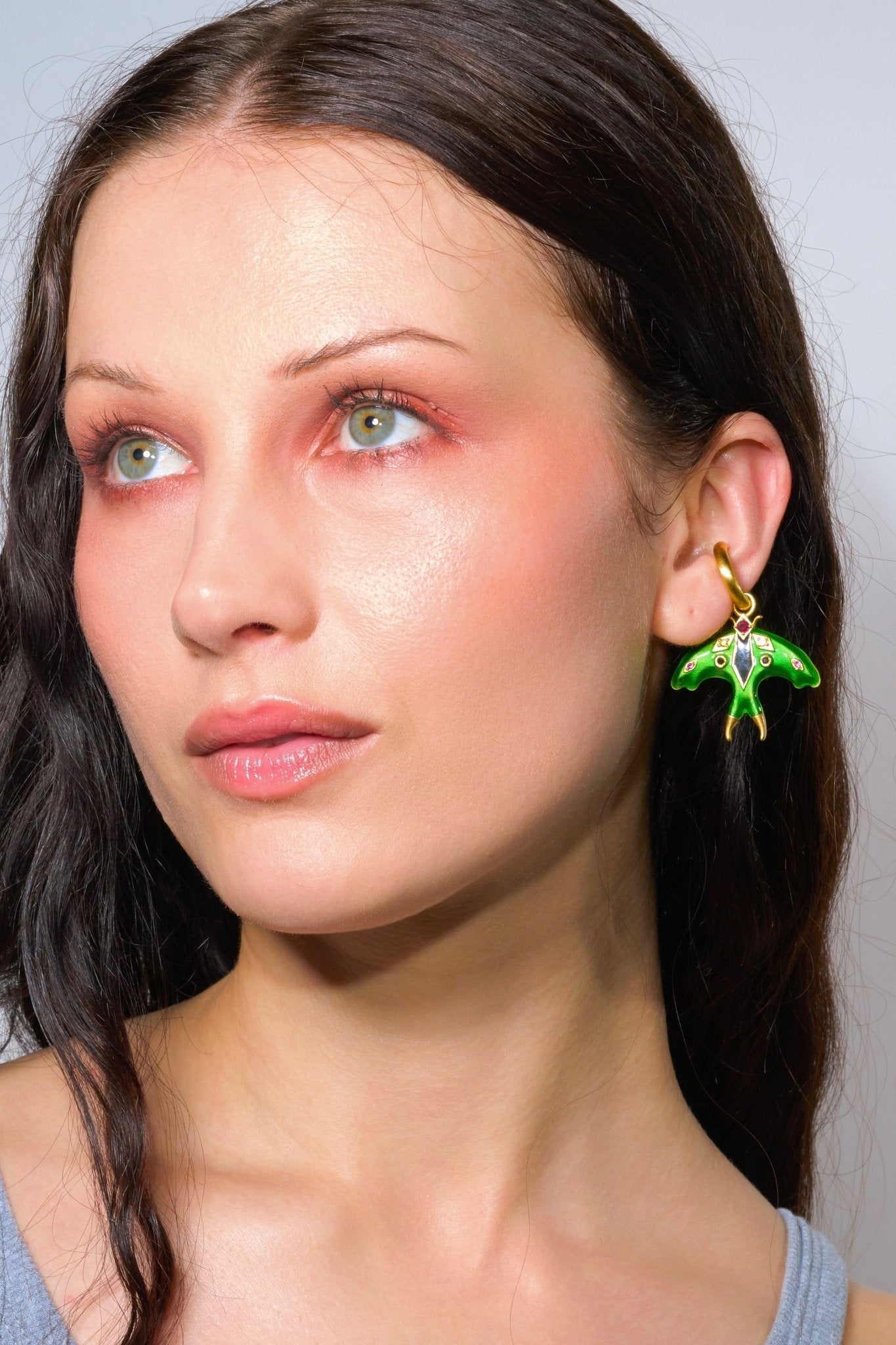 Luna Moth Enamel Ear Cuff in gold — iridescent enamel moth charm set with glass crystals and genuine onyx, worn on the upper ear — view 2