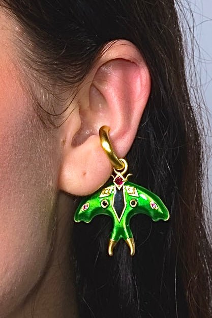 Luna Moth Enamel Ear Cuff in gold — iridescent enamel moth charm set with glass crystals and genuine onyx, worn on the upper ear — view 3