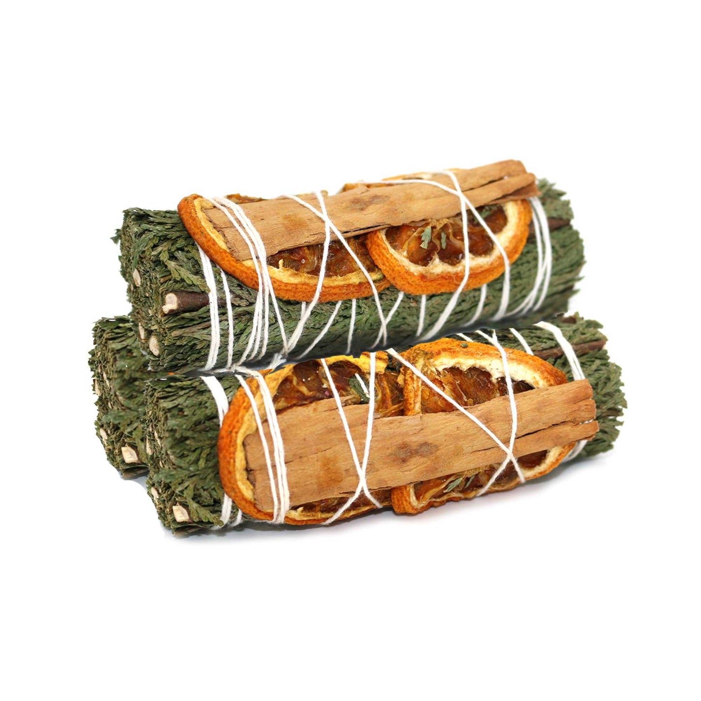 Four-inch smudge stick of white sage bound with cedar sprigs, dried orange slices and cinnamon sticks