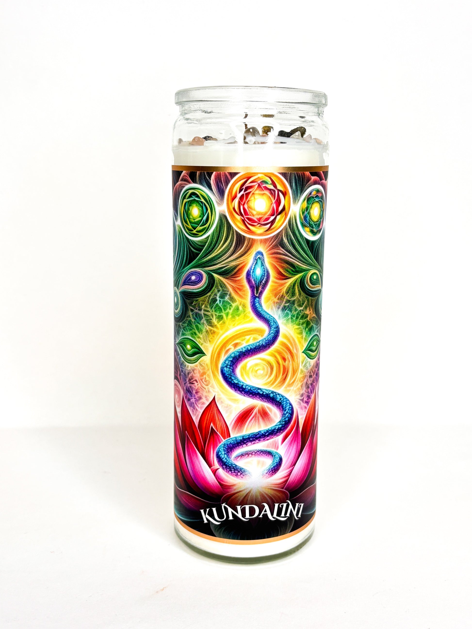 Close-up of the crystals set on top of the Kundalini Shakti altar candle