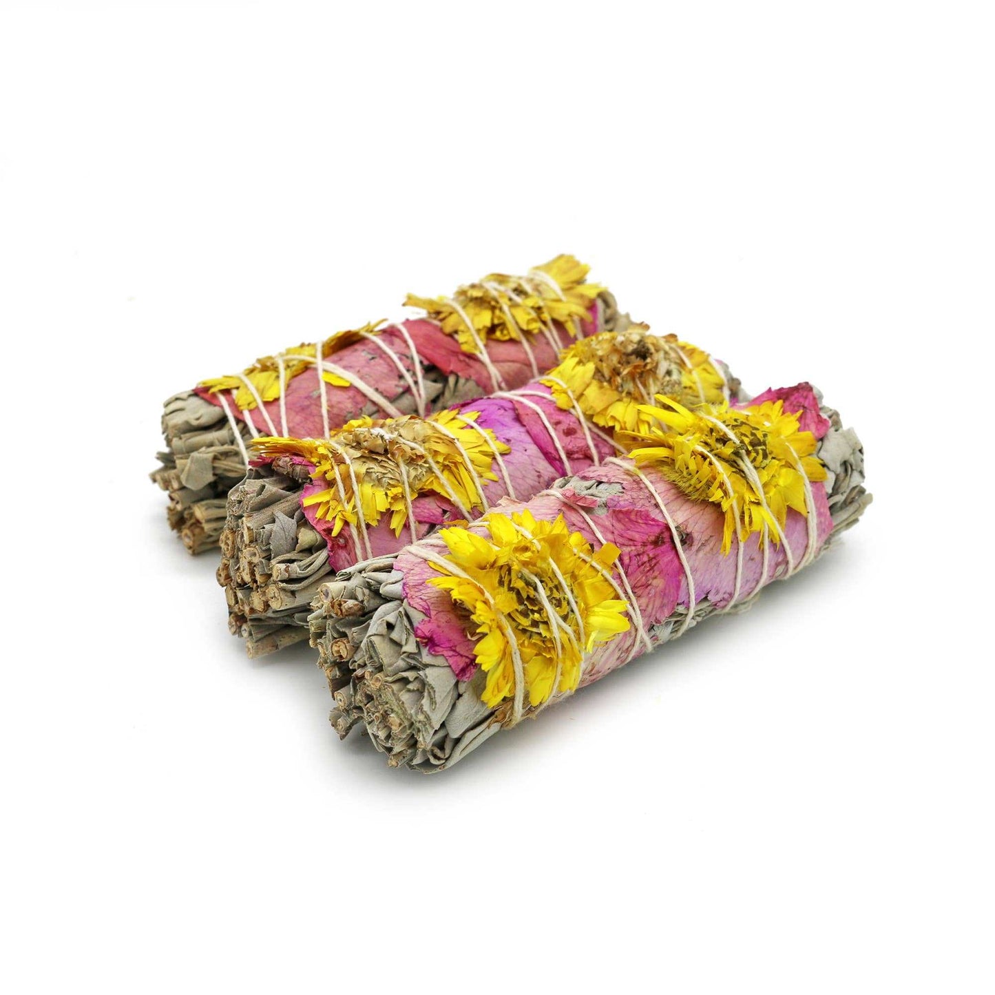 Amor floral white sage smudge stick shown from another angle with dried blossoms