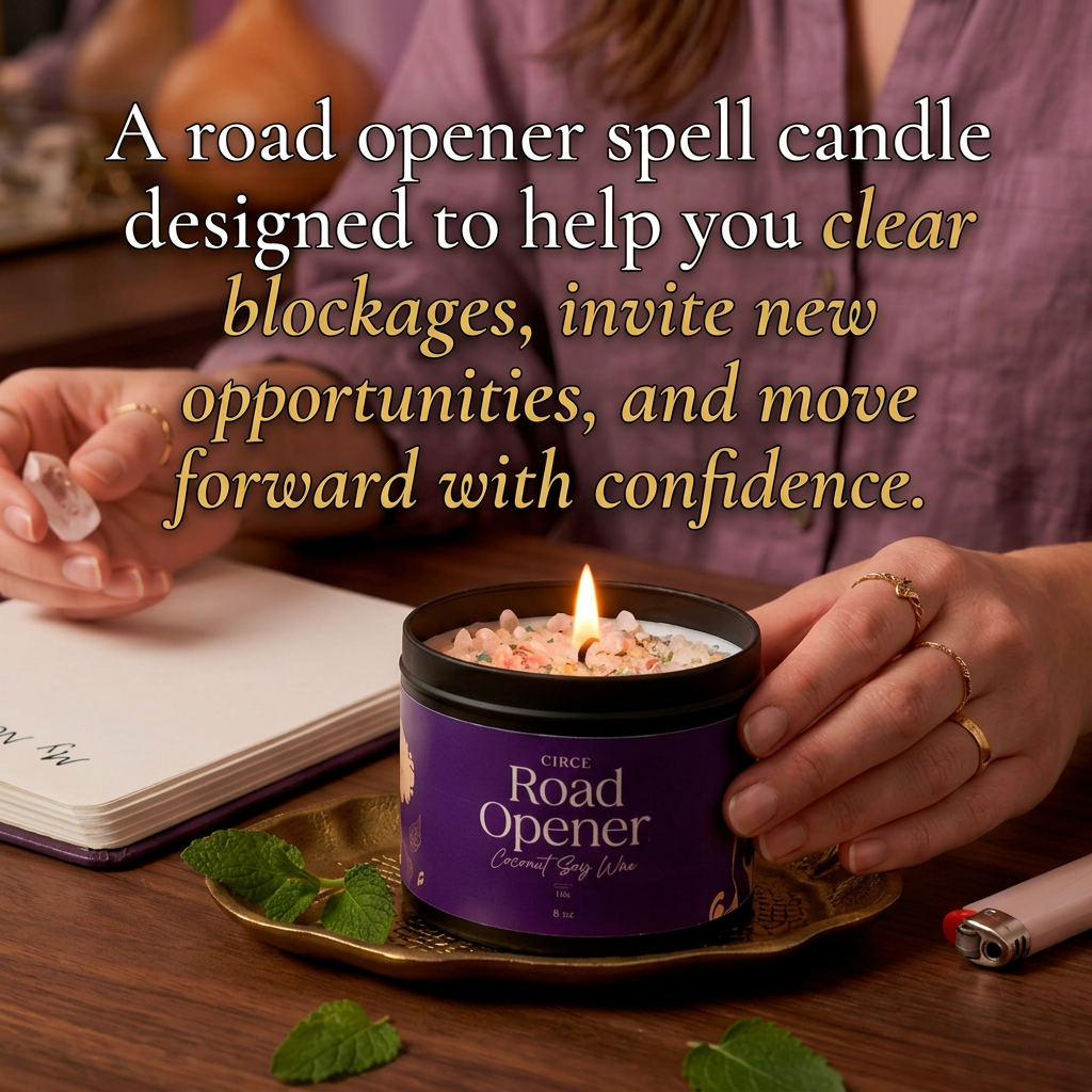 Road Opener spell candle in an 8 ounce jar with a cotton wick, close-up detail