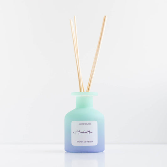 Breathe of the Sea reed diffuser in a frosted glass vessel with five natural reed sticks