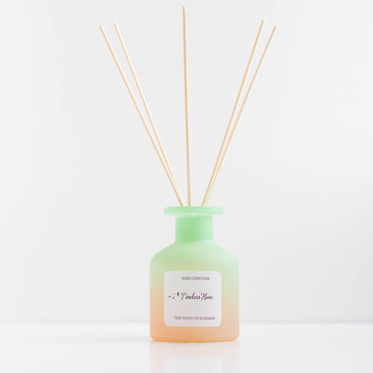 Wind of Summer reed diffuser in a frosted glass vessel with five reeds