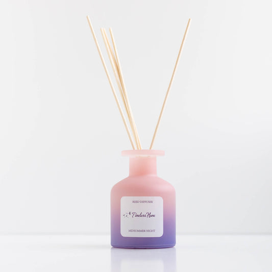 Midsummer Night reed diffuser in a frosted glass vessel with five natural reed sticks