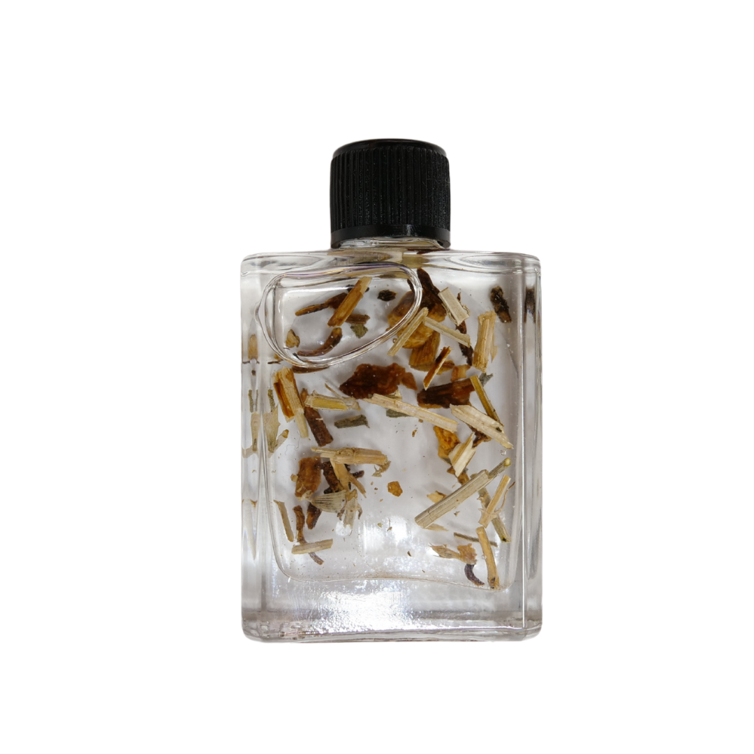 Return to Sender spell oil in a small twist-top glass bottle with black salt (view 3)