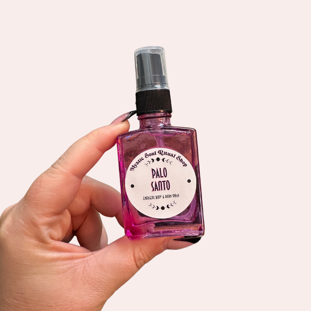 Close-up of the Palo Santo Smudge Spray label and bottle.