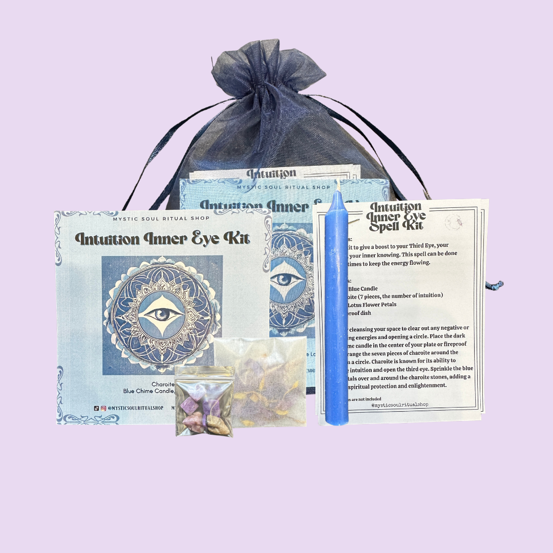 Close-up of the charoite crystals and blue lotus included in the Inner Eye Intuition Spell Kit.