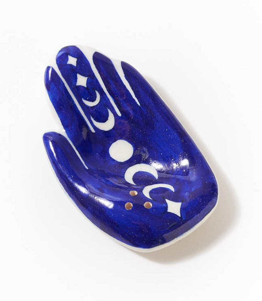 Blue and white hamsa hand incense holder, hand-painted Jaipur pottery