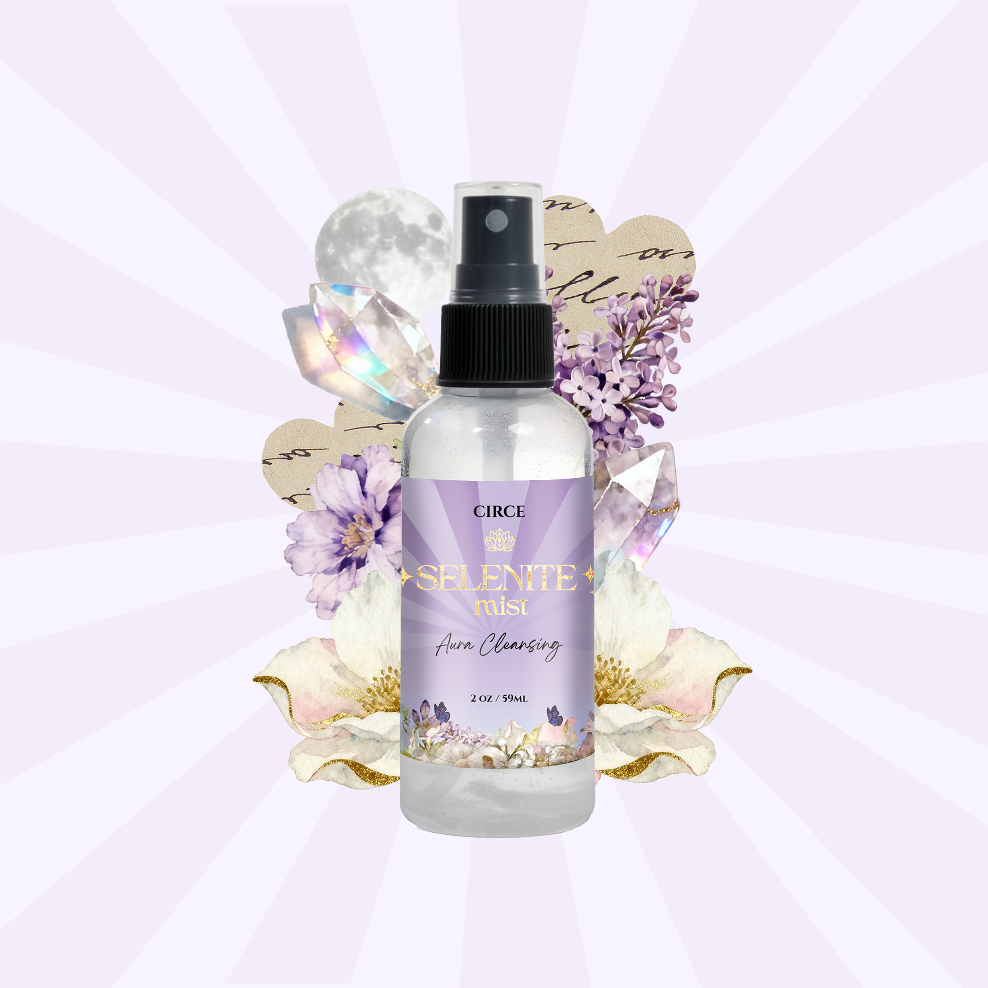 Selenite aura cleansing mist in a 2 ounce spray bottle, shown from another angle