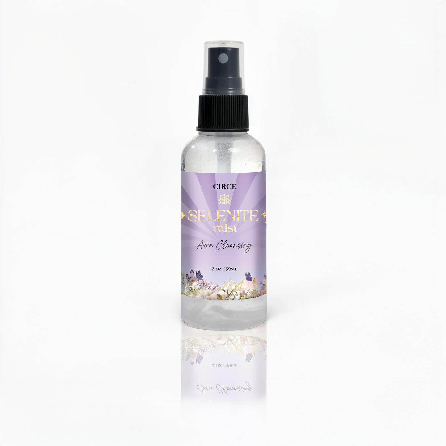 Selenite aura cleansing mist in a 2 ounce spray bottle, front view
