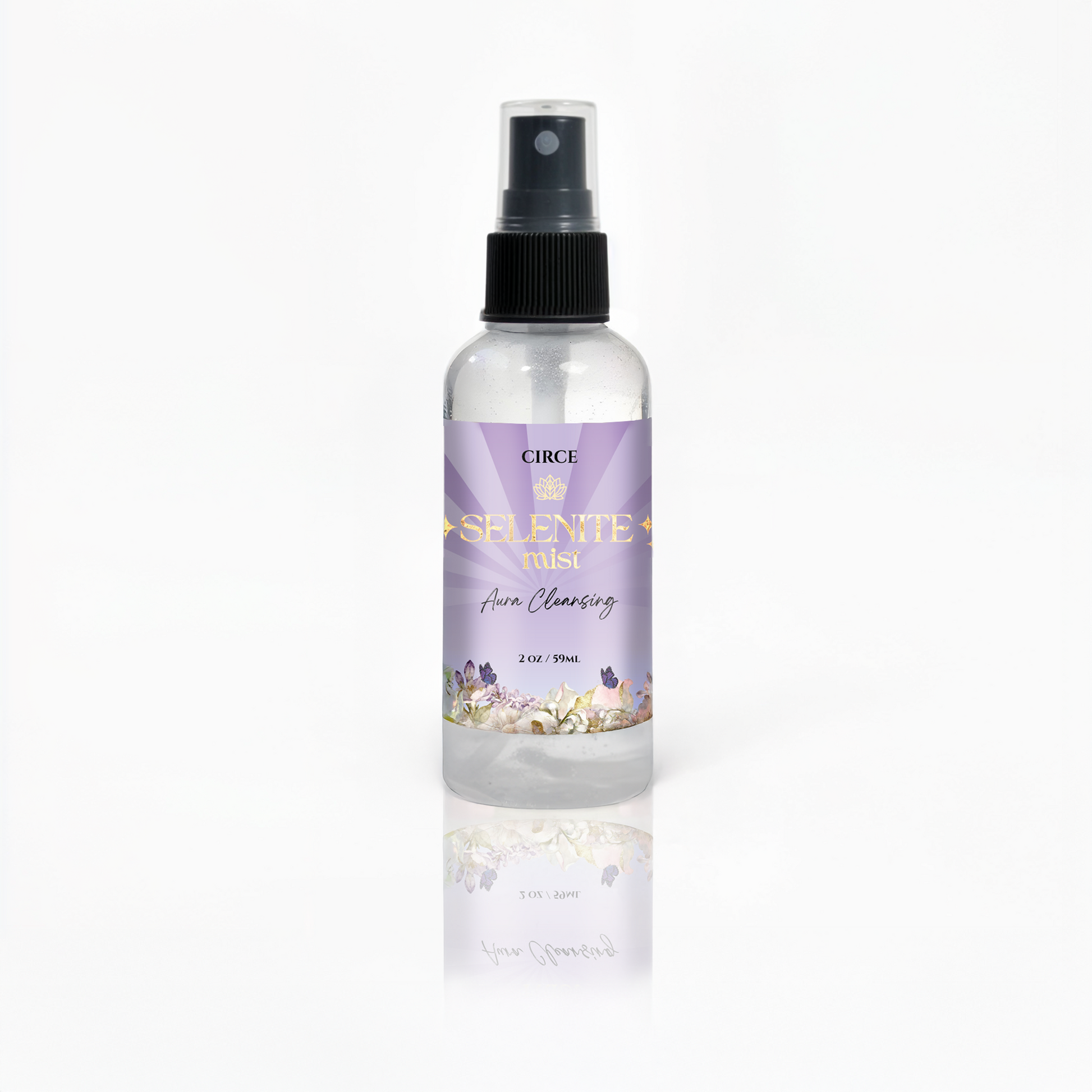 Selenite aura cleansing mist in a 2 ounce spray bottle, front view