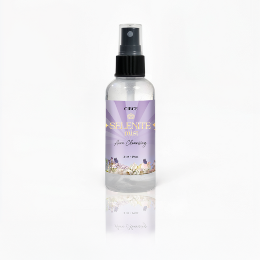 Selenite aura cleansing mist in a 2 ounce spray bottle, front view