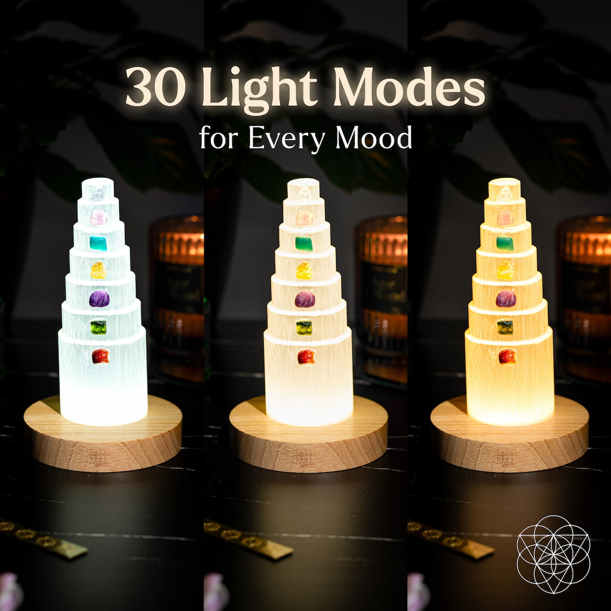 Crystal lamp with seven different colored stones glowing on a wooden base — view 3