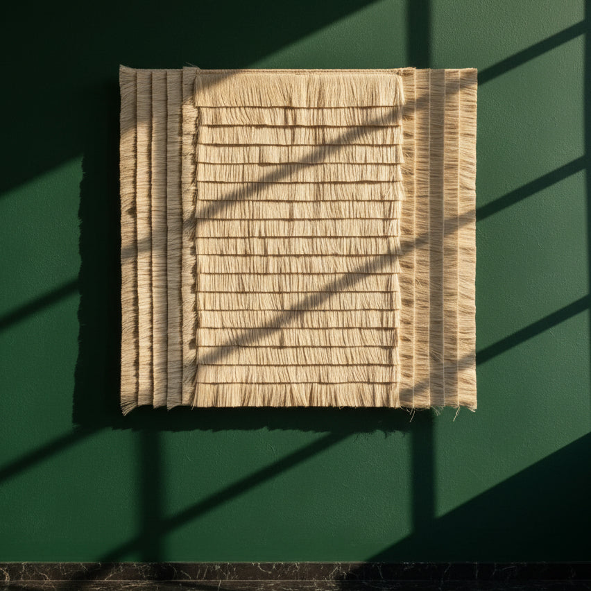 Campo de Arroz cotton wall tapestry on a green wall in raking afternoon light
