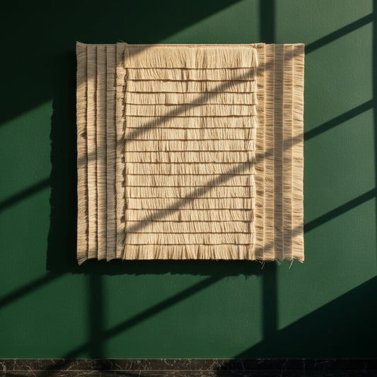Campo de Arroz cotton wall tapestry on a green wall in raking afternoon light
