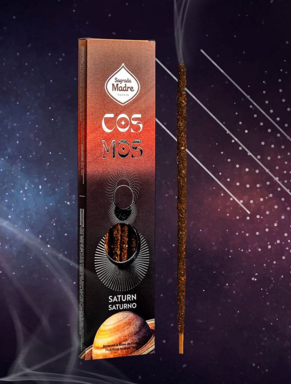 Saturn Cosmos incense box in drifting smoke against a dark starfield