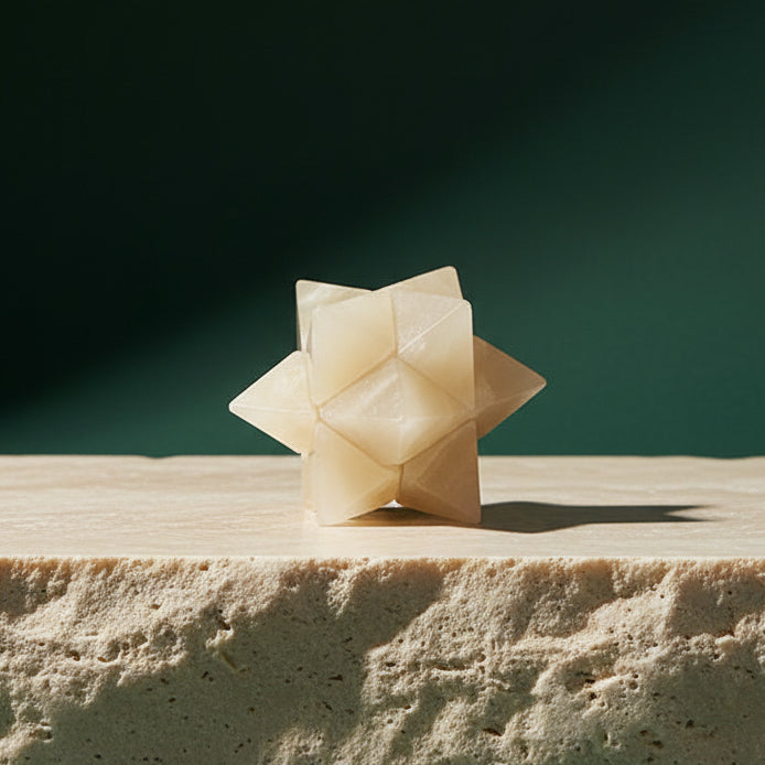 Six-piece stone burr puzzle assembled into a star, cut from pale cream onyx
