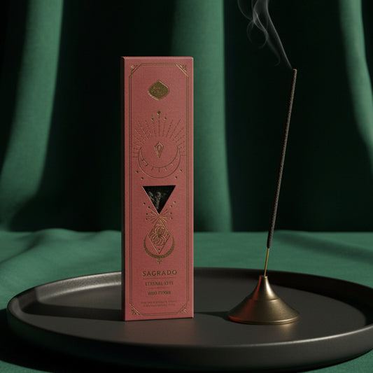 The rust-red Sagrado Eternal Love incense box standing on a dark tray with one lit stick in a brass holder, smoke rising, against green fabric.