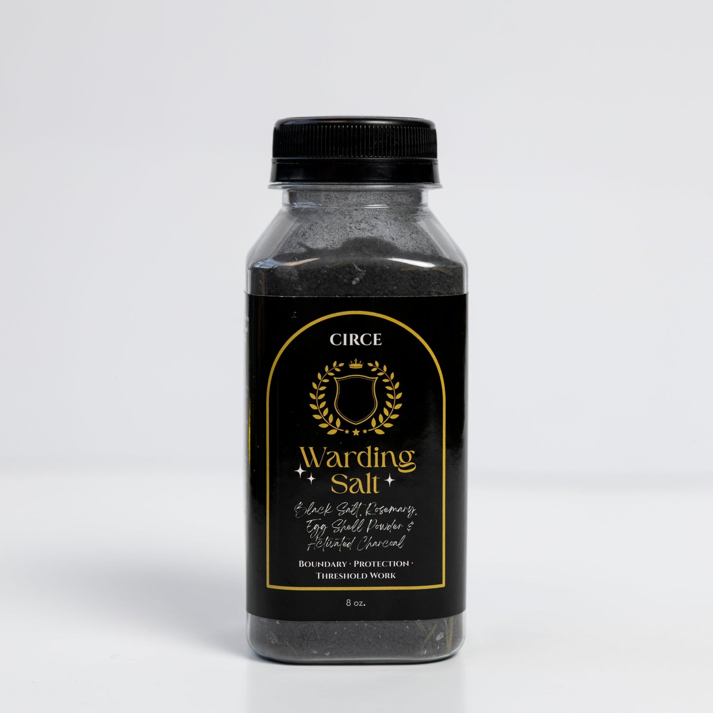 Warding Salt in an 8 ounce container, a dark protective ritual blend, front view
