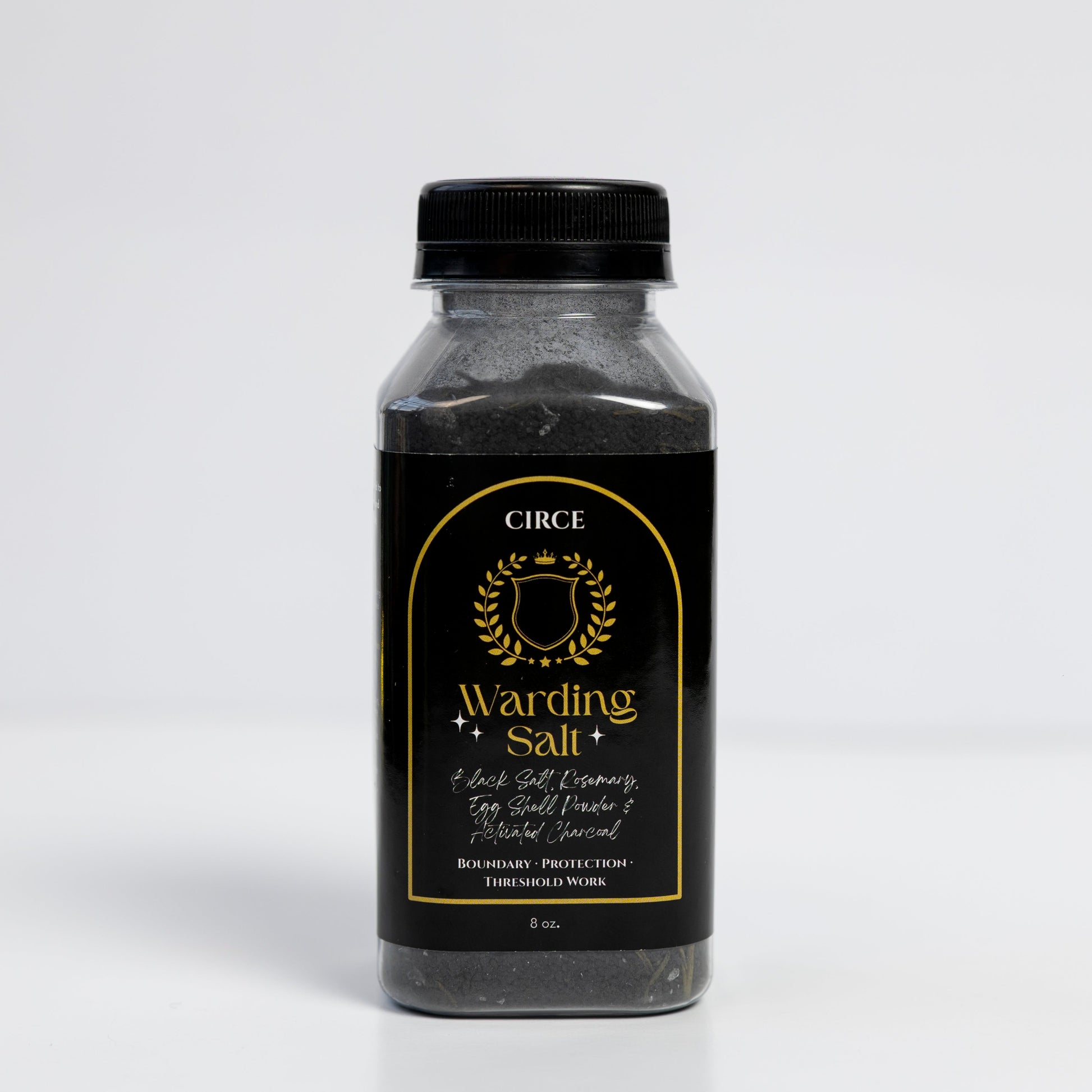 Warding Salt in an 8 ounce container, a dark protective ritual blend, front view