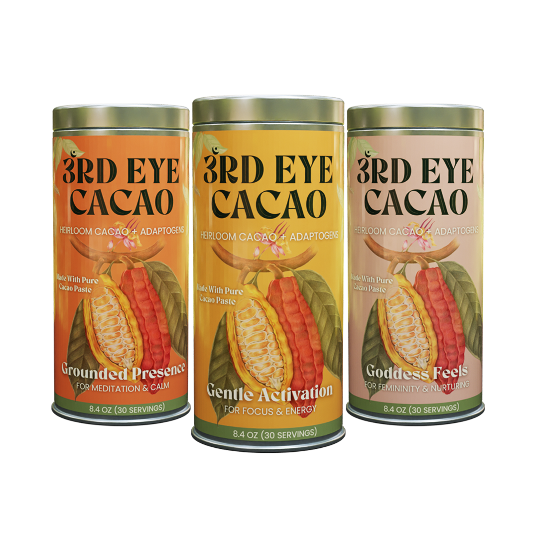 Set of three 8.4 oz ceremonial cacao elixir canisters: Gentle Activation, Goddess Feels and Grounded Presence.