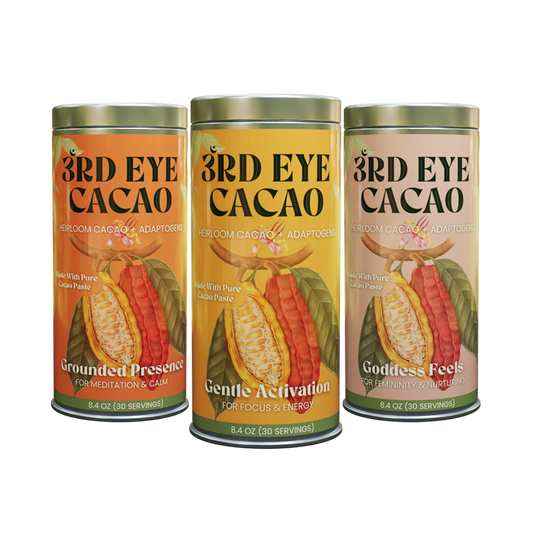 Set of three 8.4 oz ceremonial cacao elixir canisters: Gentle Activation, Goddess Feels and Grounded Presence.