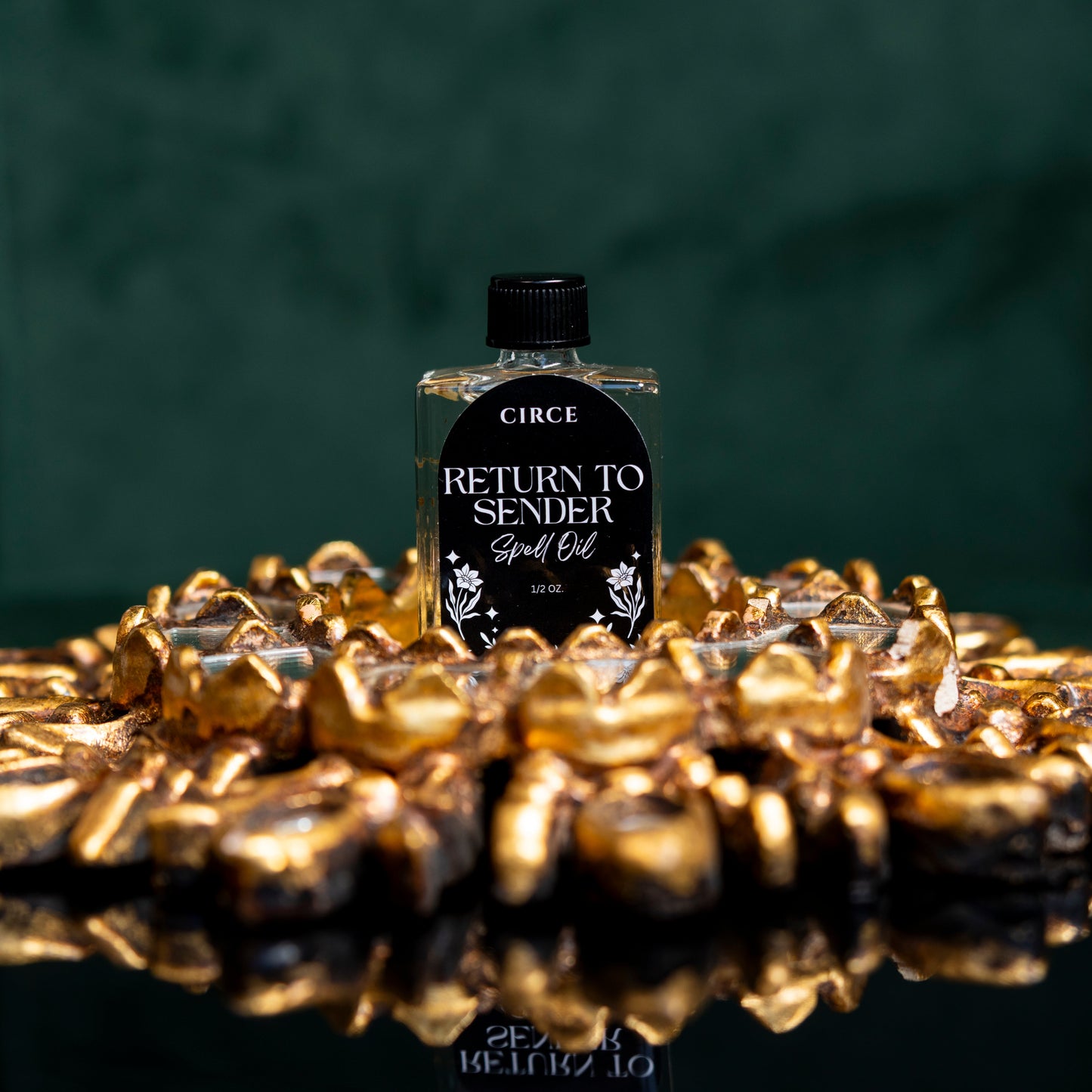 Return to Sender spell oil in a small twist-top glass bottle with black salt (view 2)