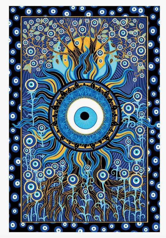 Wall tapestry printed with a blue and white evil eye protective design