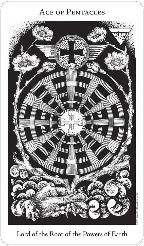 Ace of Pentacles card, subtitled Lord of the Root of the Powers of Earth