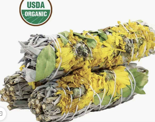 Four-inch white sage smudge stick bound with dried sunflower floral