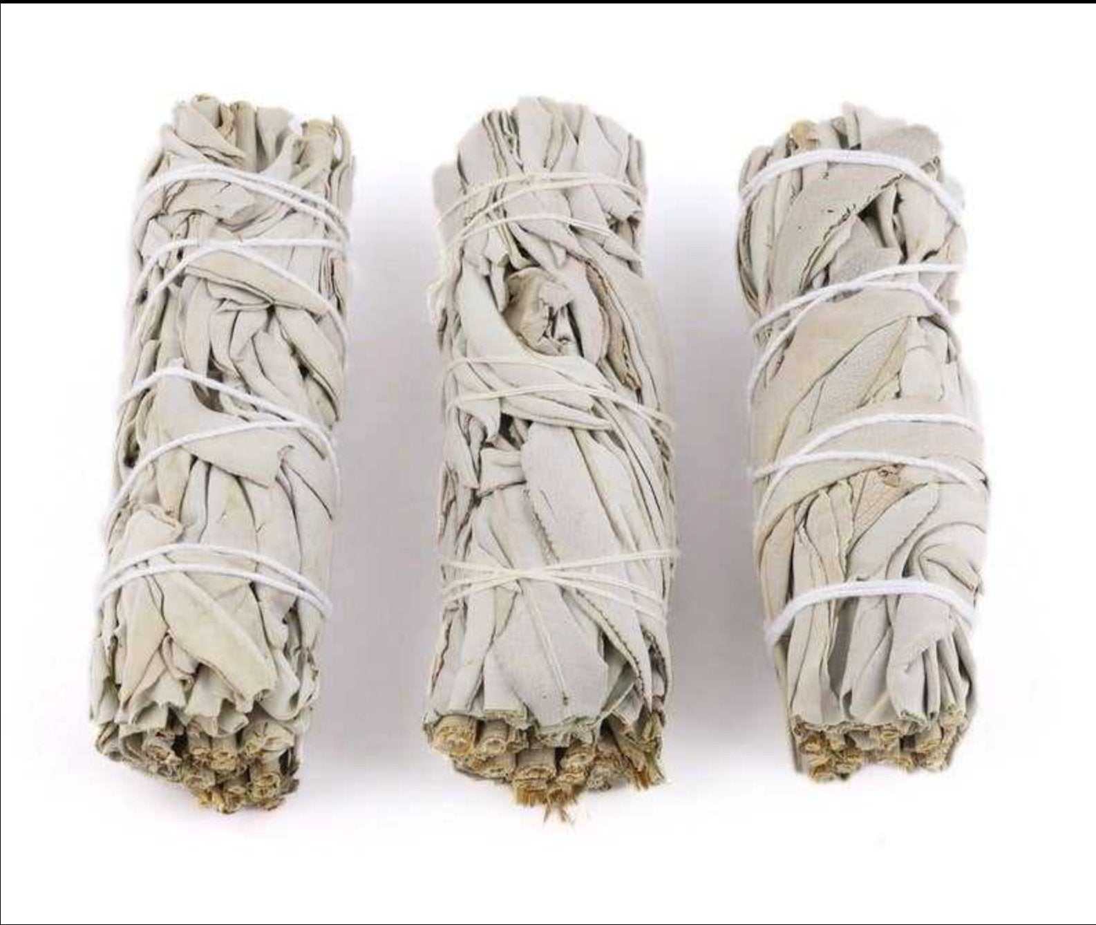 Four-inch bundle of organic white sage bound with cotton thread, alternate view