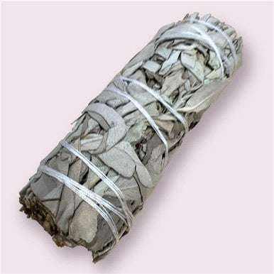 Four-inch bundle of organic white sage bound with cotton thread