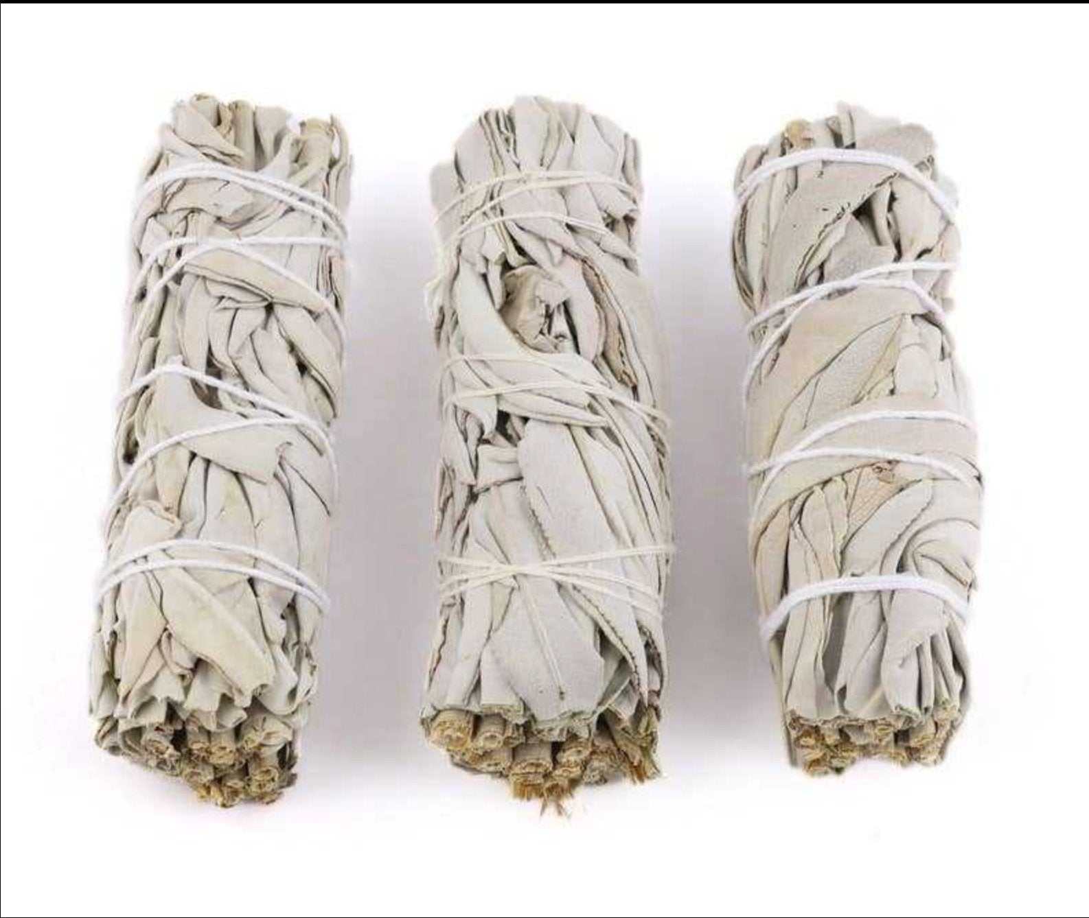 Four-inch bundle of organic white sage bound with cotton thread, further view