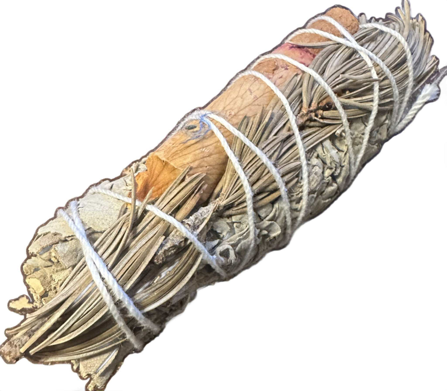 Four-inch white sage smudge stick wrapped with cinnamon slices, pine sprigs and dried rose petals