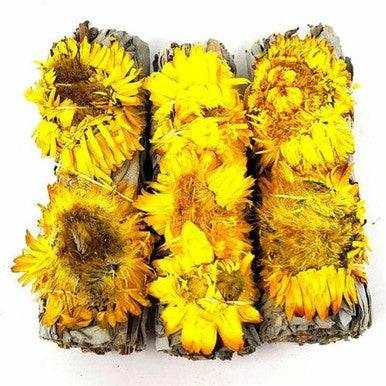 Four-inch white sage smudge stick tied with a bright yellow paper flower